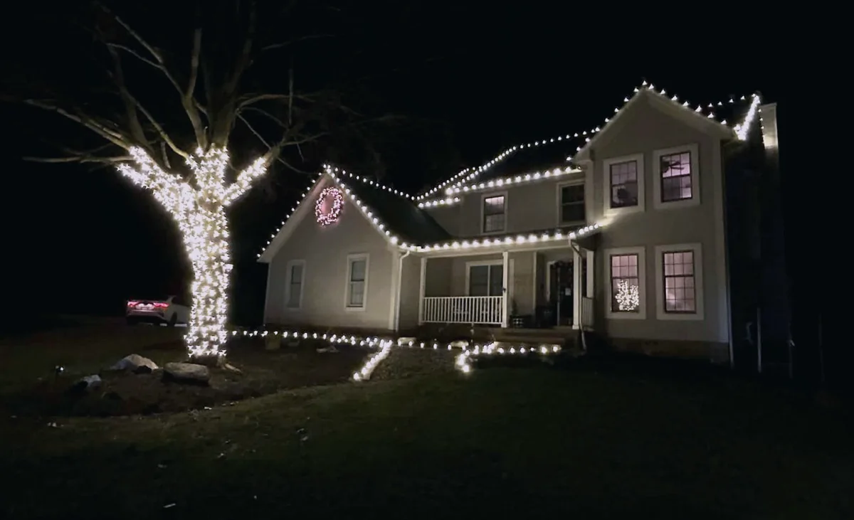 Warm white roofline with a mature tree wrapped trunk to limbs and lit walkway
